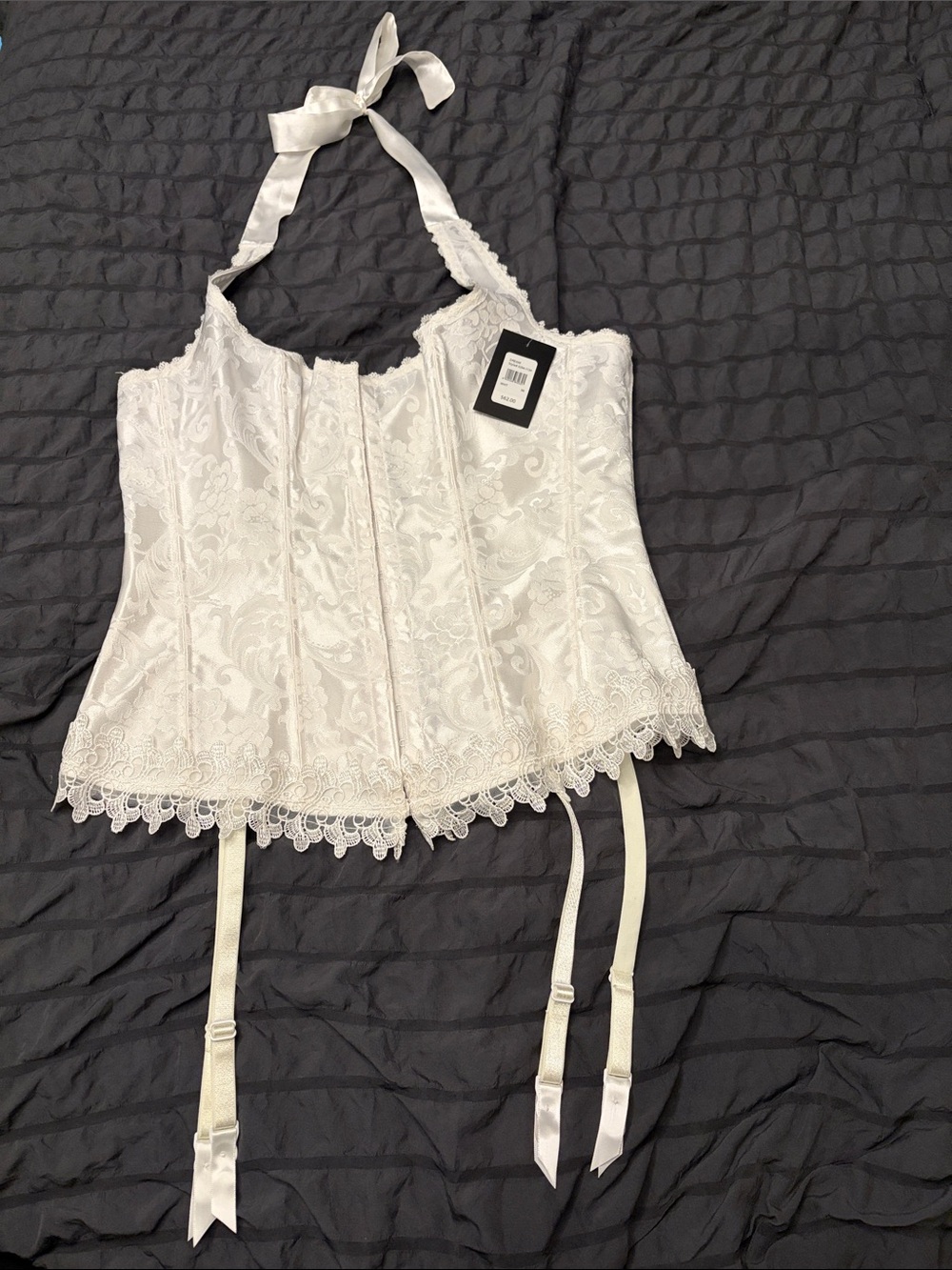 Frederick's of Hollywood Ivory Lace Halter Corset with Garter Straps